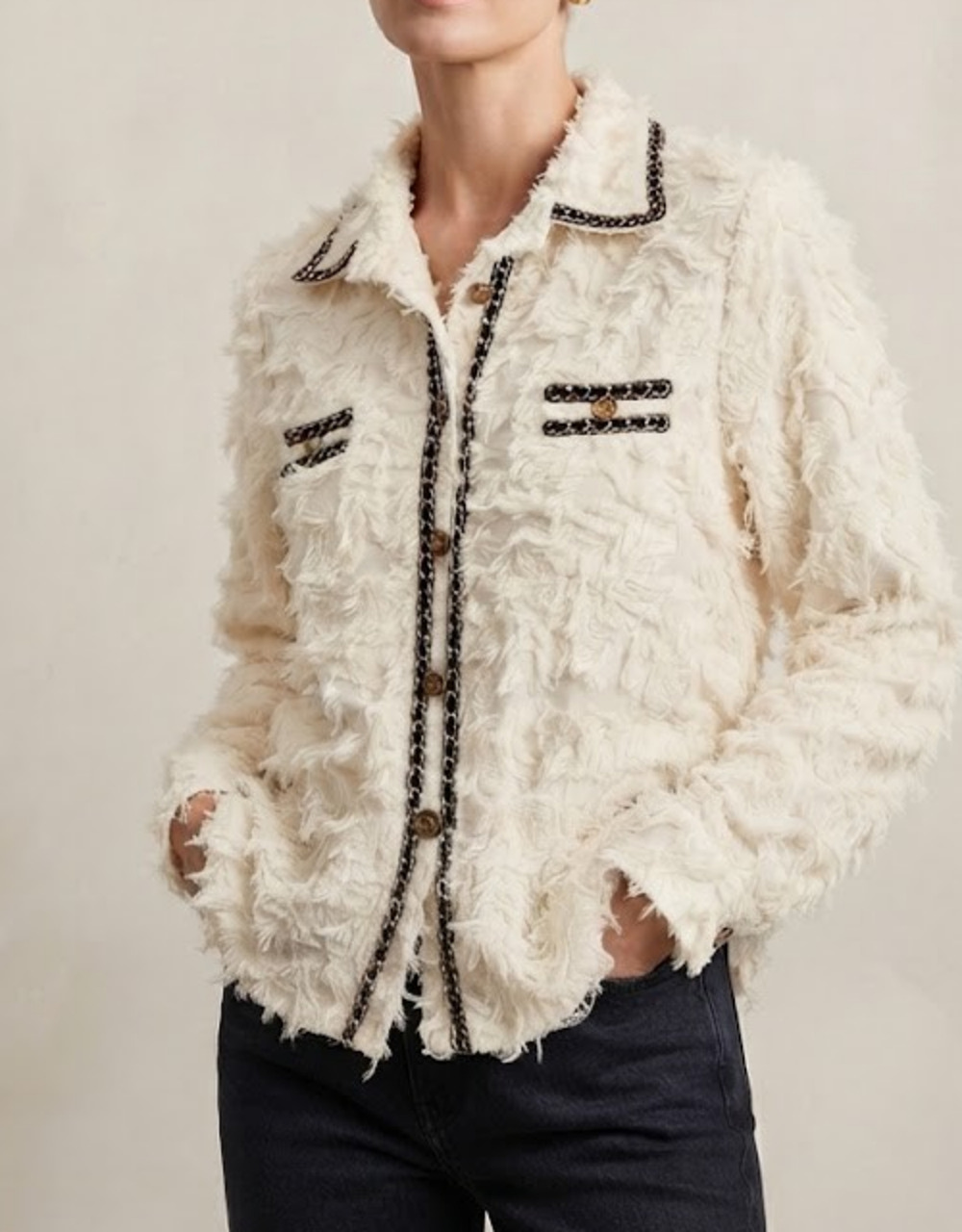 Cream Textured Shaggy Tweed Style Blouse Top Chain Trim Button Up Size XS